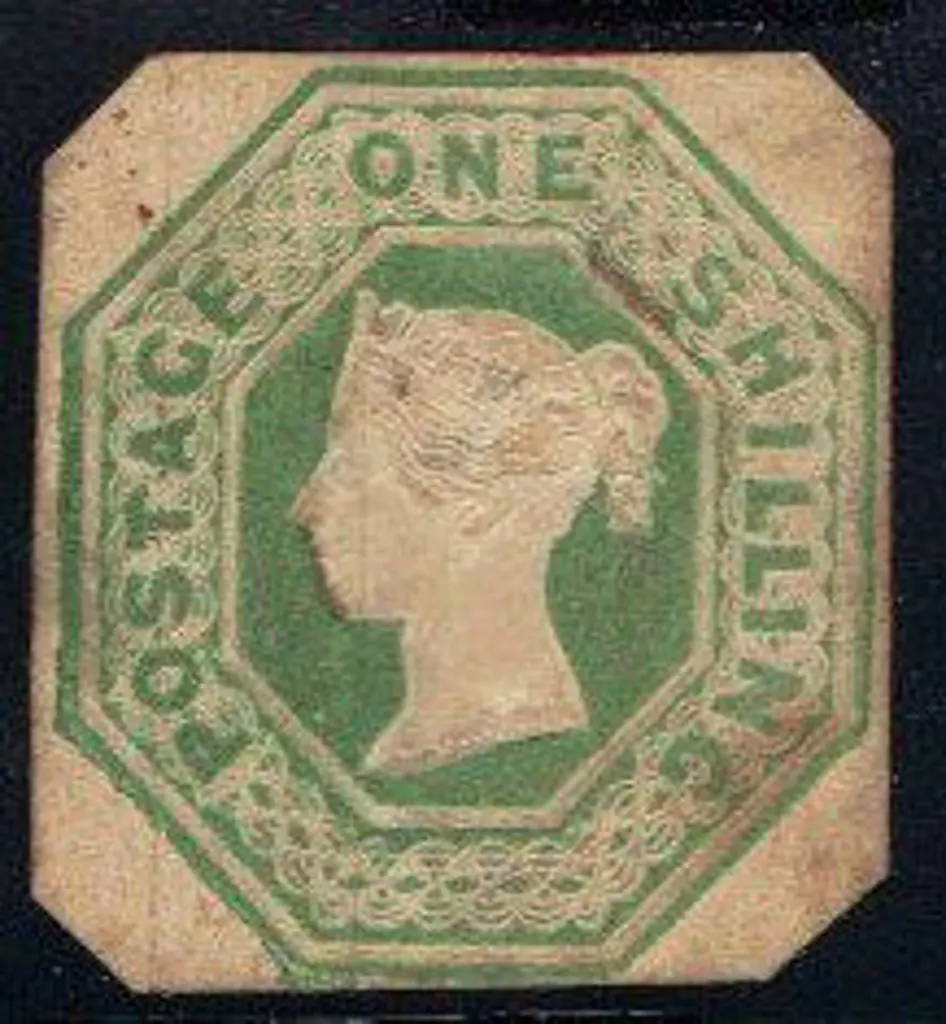 1847 1/- green embossed. Far corners cut to shape ... Image 1++
