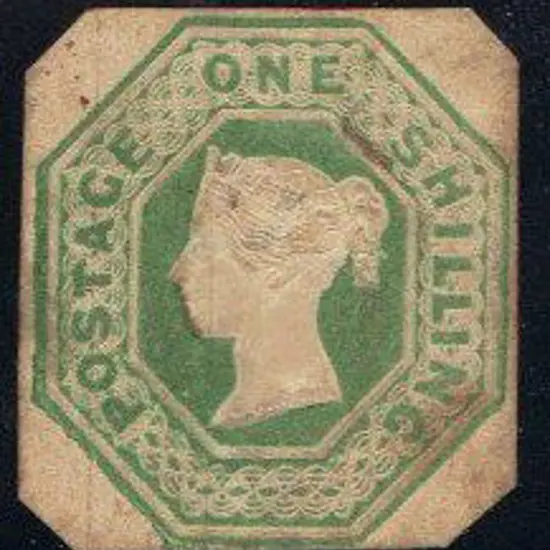 1847 1/- green embossed. Far corners cut to shape ...