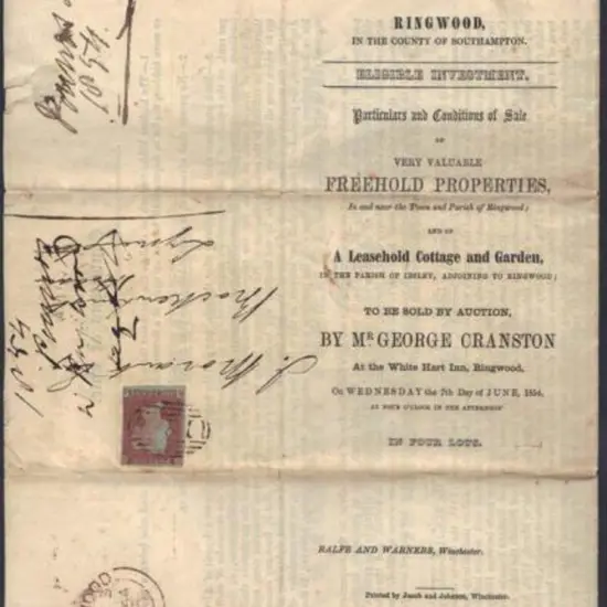 1854 (3rd June) Printed Auction Notice Ringwood to ...