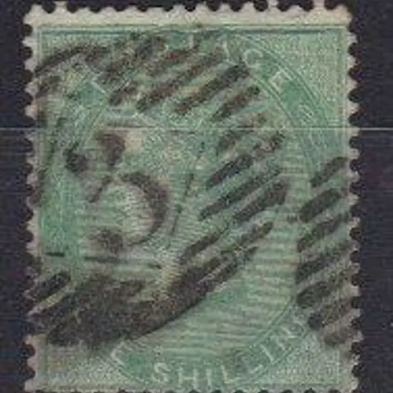 1855 1/- green good used with bold "3" barred ...