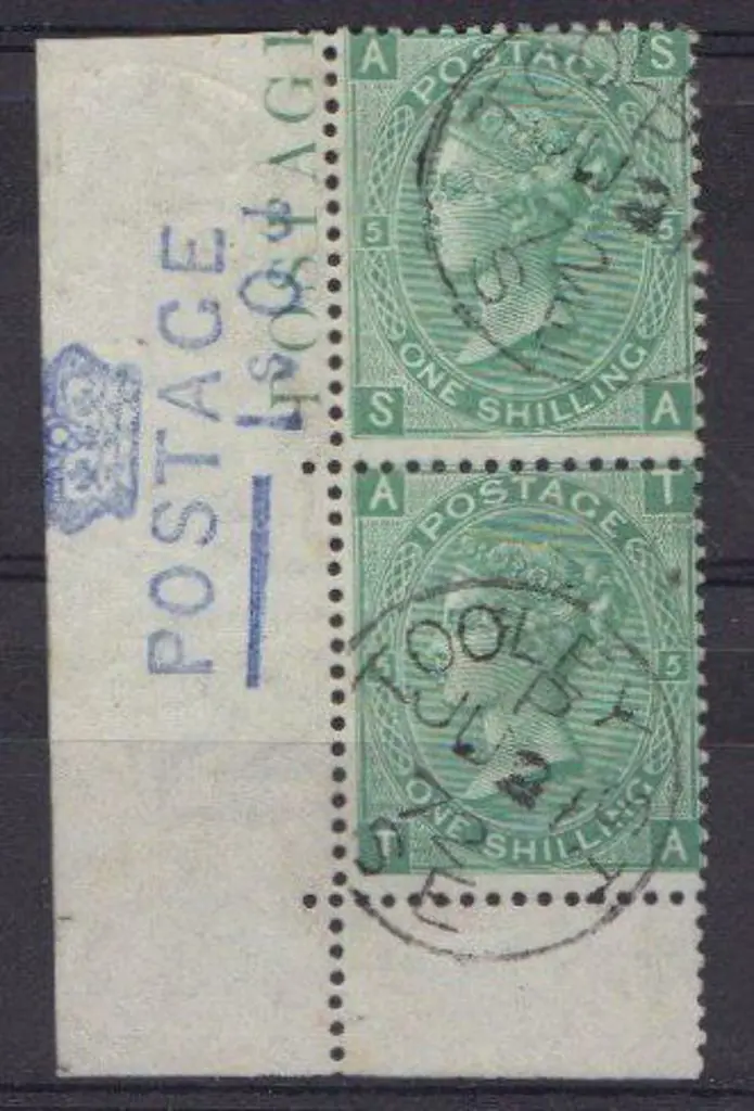 1867 1/- green plate 5 marginal pair from lower ... Image 1++