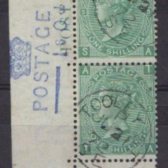 1867 1/- green plate 5 marginal pair from lower ...