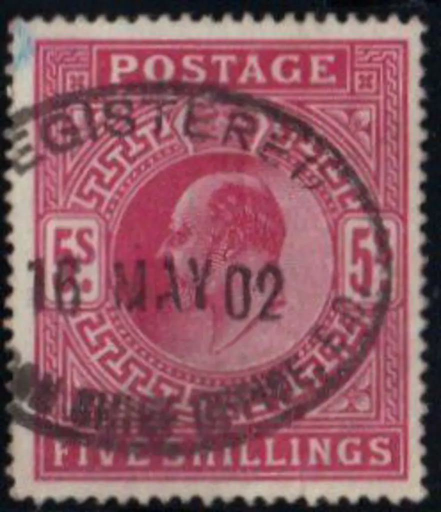 1902 5/- bright carmine KEVII. F/U with 16 MAY 02 ... Image 1++