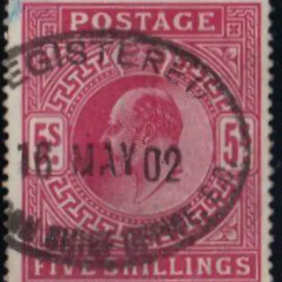 1902 5/- bright carmine KEVII. F/U with 16 MAY 02 ...