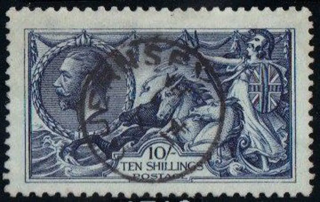 1913 10/- indigo-blue Seahorse F/U by full neat ... Image 1++