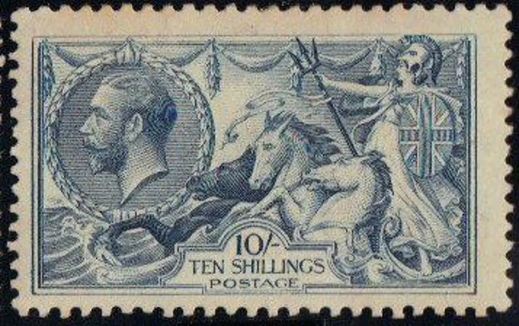 1919 10/- dull grey-blue Seahorse. MLH but light ... Image 1++