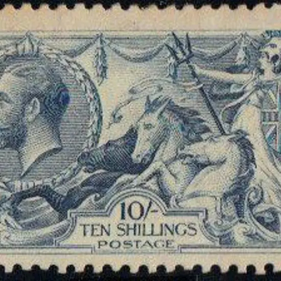 1919 10/- dull grey-blue Seahorse. MLH but light ...