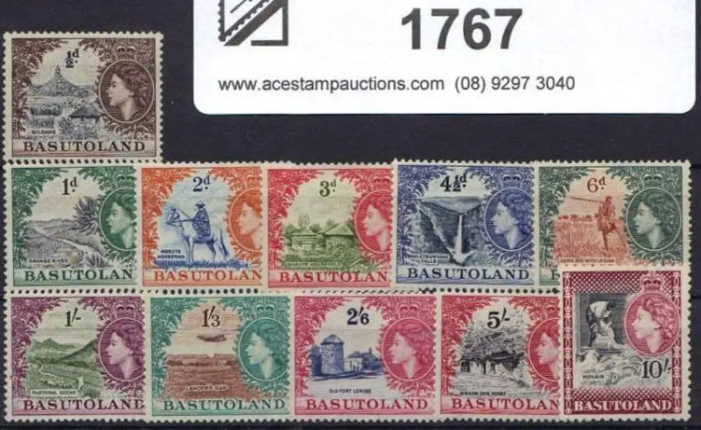 Basutoland 1954 QEII Defins ½d to 10/-. Fresh MLH. ... Image 1++