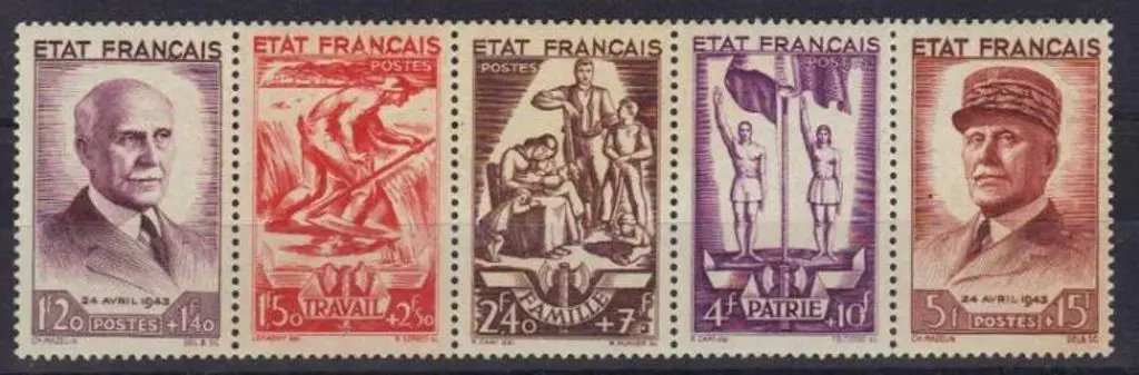 France 1943 National Relief Fund strip of 5. ... Image 1++