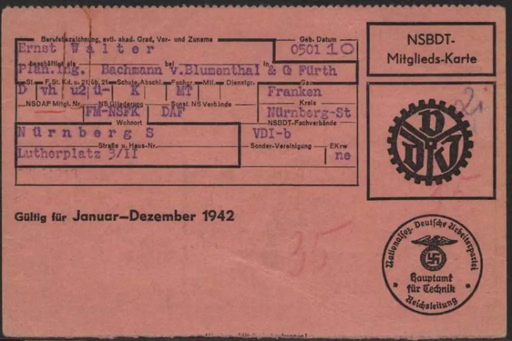 Germany 1942 NSBDT Membership Card with typed ... Image 1++