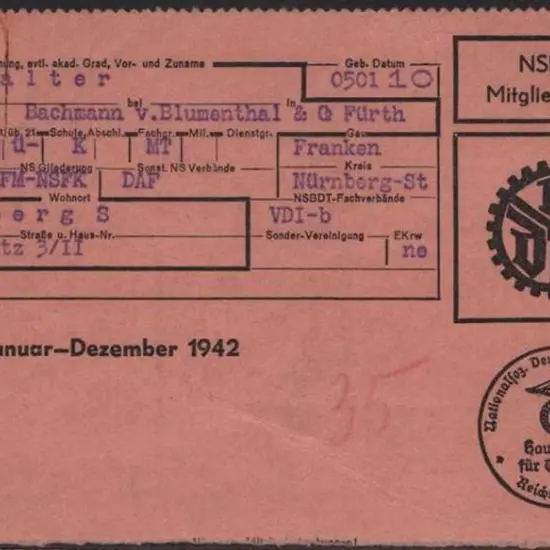 Germany 1942 NSBDT Membership Card with typed ...
