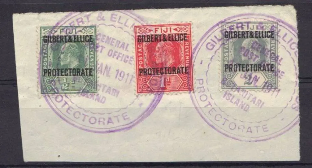Gilbert & Ellice 1911 ½d, 1d & 2d ovpts on piece ... Image 1++