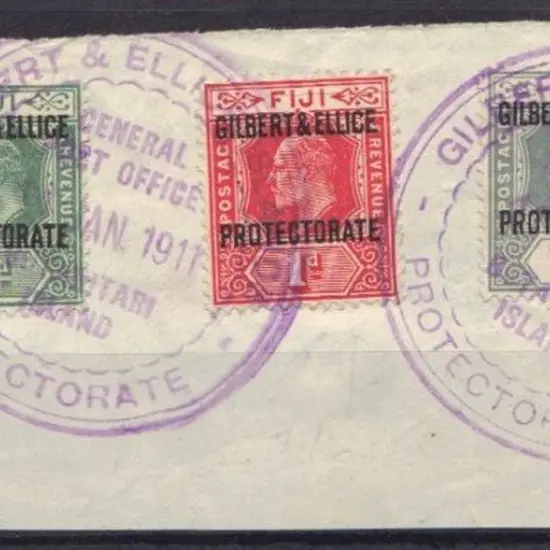 Gilbert & Ellice 1911 ½d, 1d & 2d ovpts on piece ...