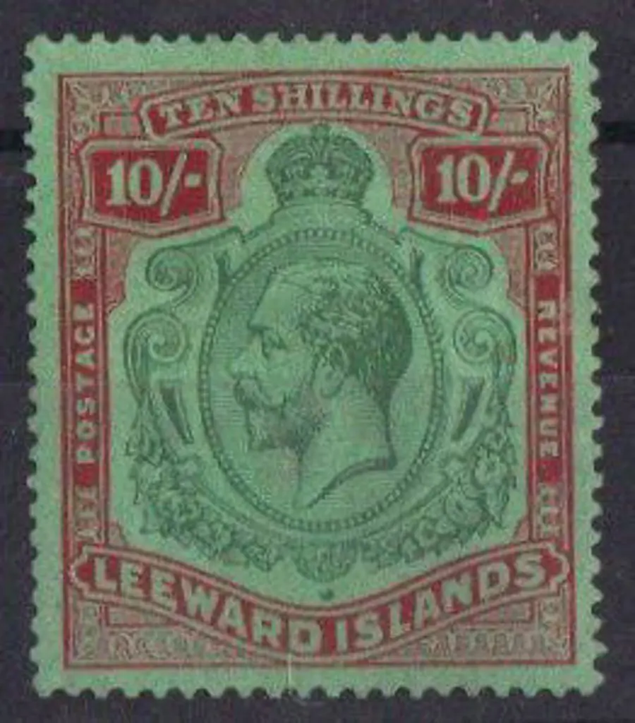 Leeward Islands 1928 10/- green & red on green. ... Image 1++