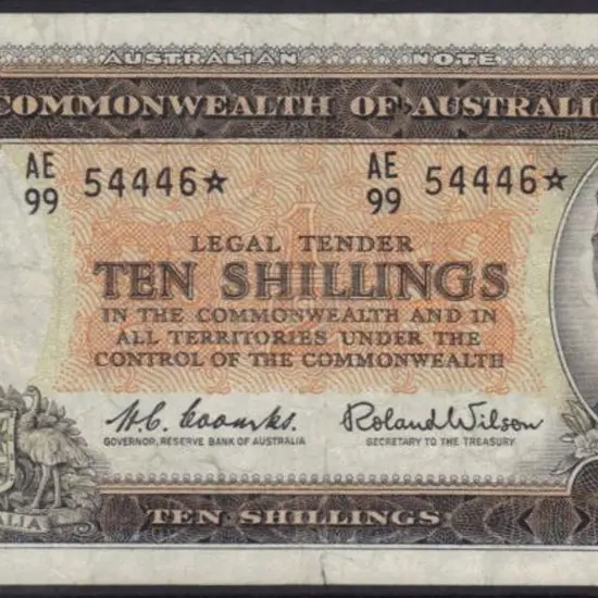 1961 10/- Coombs/Wilson star note. Small tear in ...