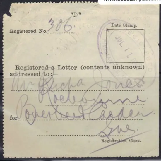 1906 (20 Jul) Registered letter receipt cancelled ...