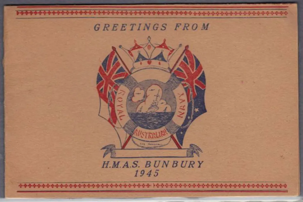 1945 "Greetings from HMAS Bunbury" card with RAN ... Image 1++