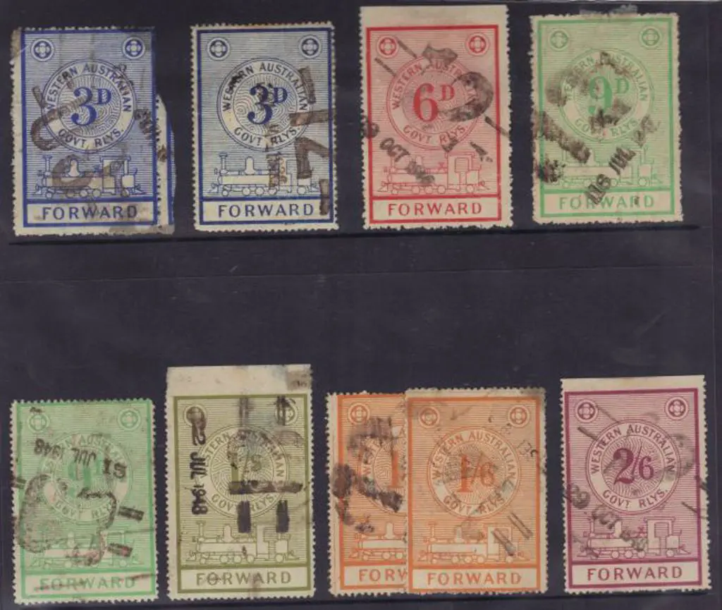 Railway Parcel Stamps 3d x 2, 6d, 9d x2 1/-, 1/6d ... Image 1++