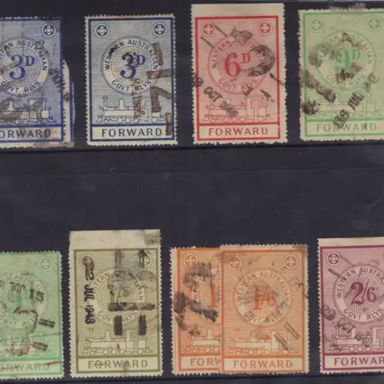Railway Parcel Stamps 3d x 2, 6d, 9d x2 1/-, 1/6d ...