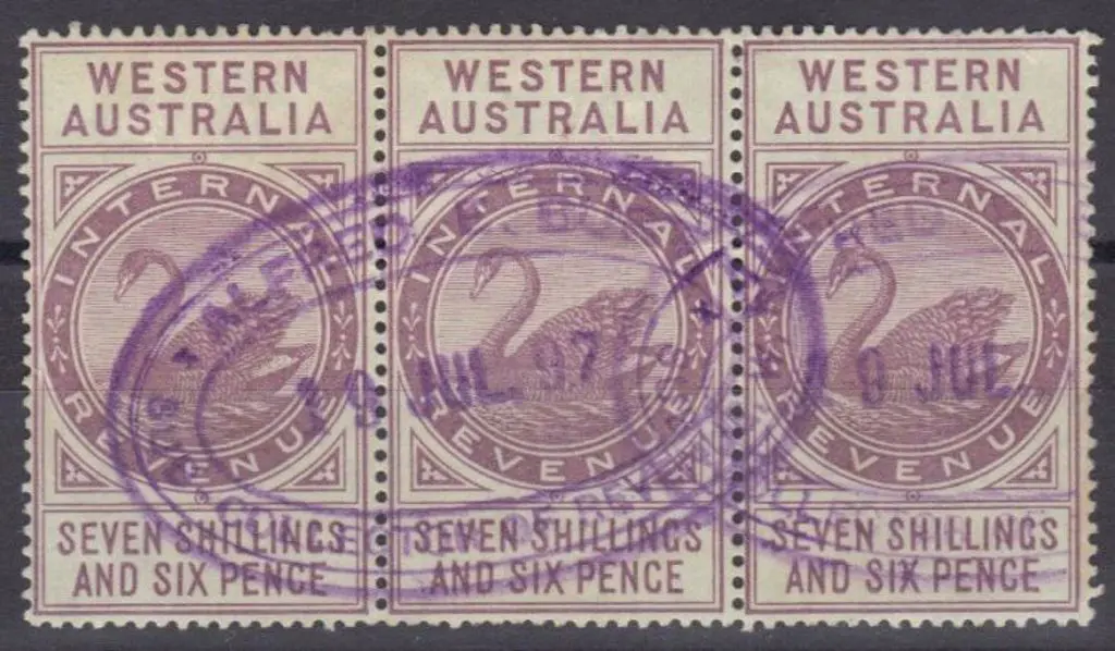 Revenue Stamps 7/6d strip of 3 F/U fiscal cancel. ... Image 1++