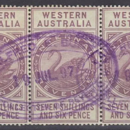 Revenue Stamps 7/6d strip of 3 F/U fiscal cancel. ...