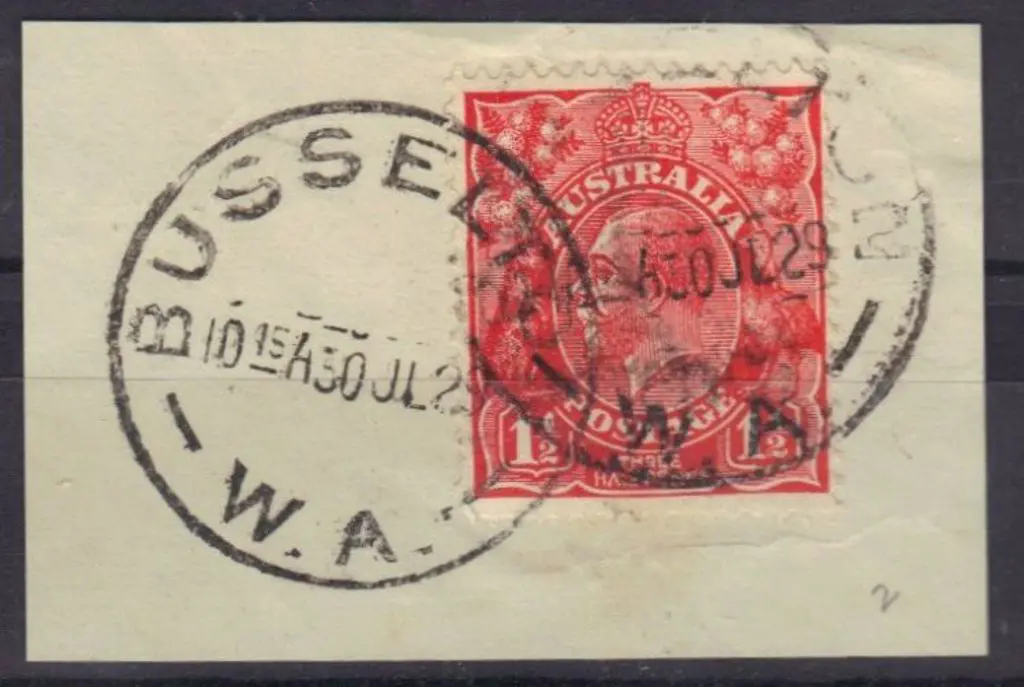 Busselton C31T-a. Complete strike on 1½d KGV 30 ... Image 1++