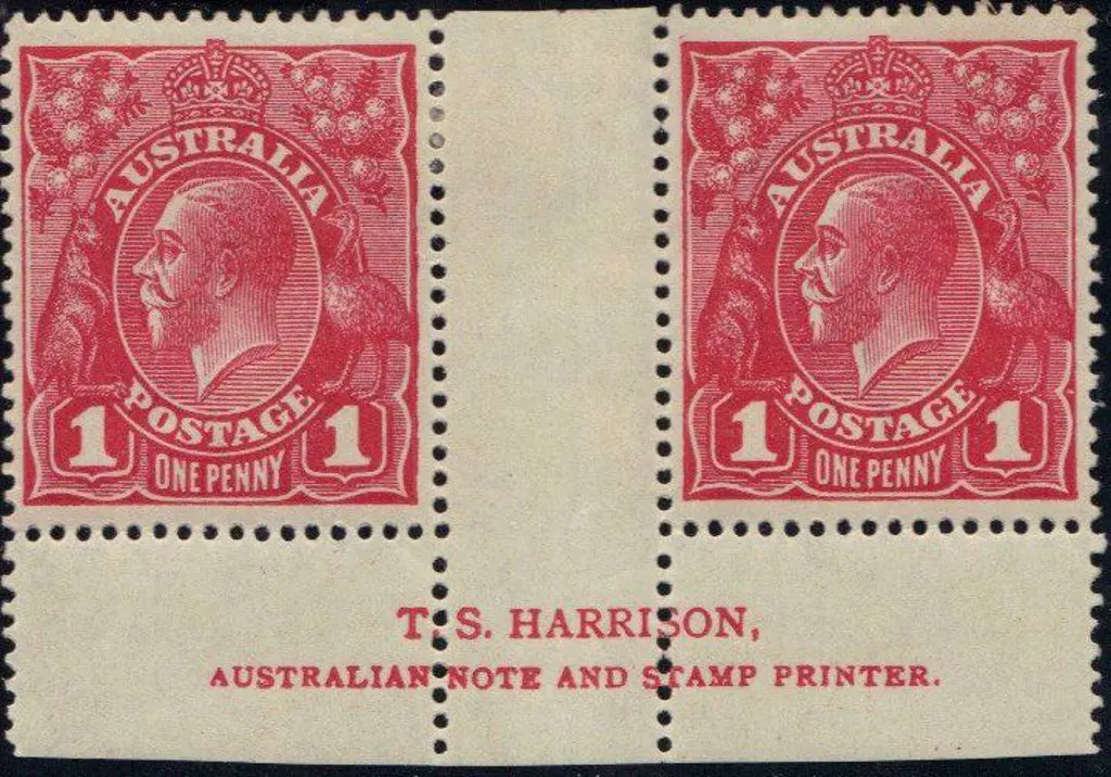 1d carmine-red Harrison two line imprint pair. MLH ... Image 1++
