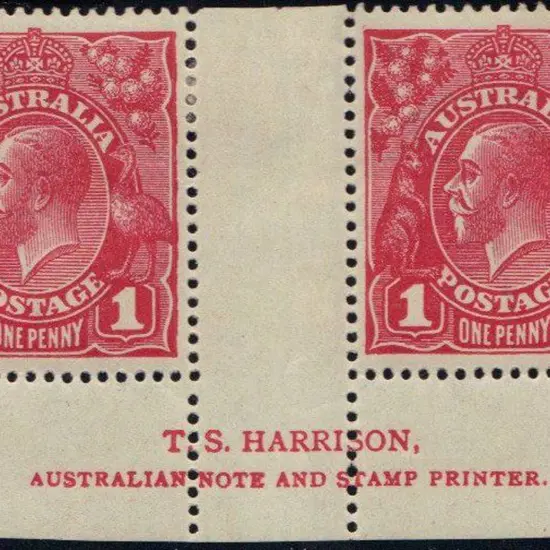 1d carmine-red Harrison two line imprint pair. MLH ...