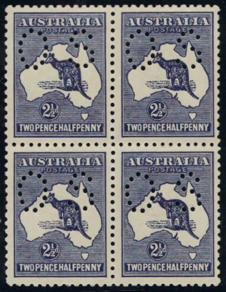 1913 2½d indigo kangaroo block of 4 perfined small ... Image 1++