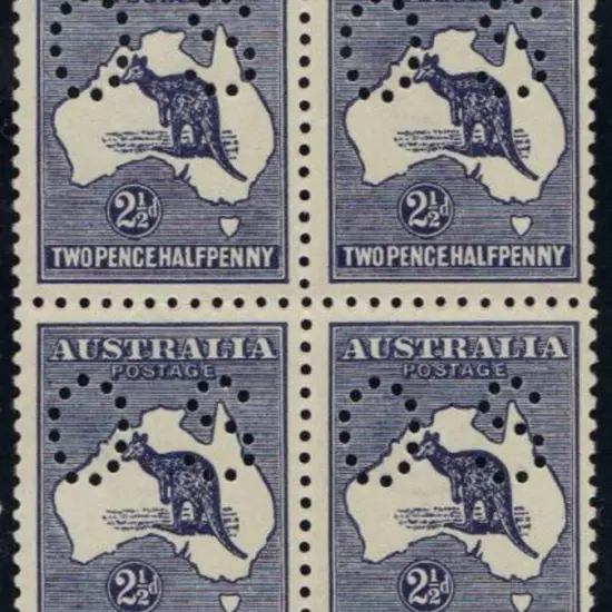1913 2½d indigo kangaroo block of 4 perfined small ...
