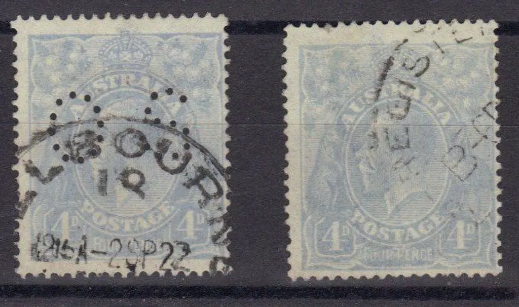 1918/23 4d milky blue KGV perinedf OS with thin ... Image 1++