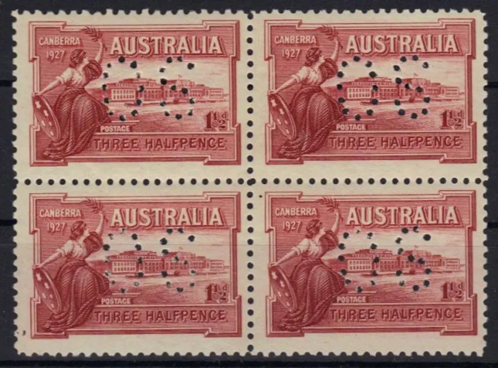 1927 1½d Canberra MUH block of 4 perfined "OS". ... Image 1++