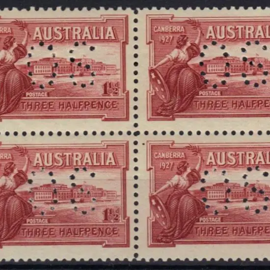 1927 1½d Canberra MUH block of 4 perfined "OS". ...