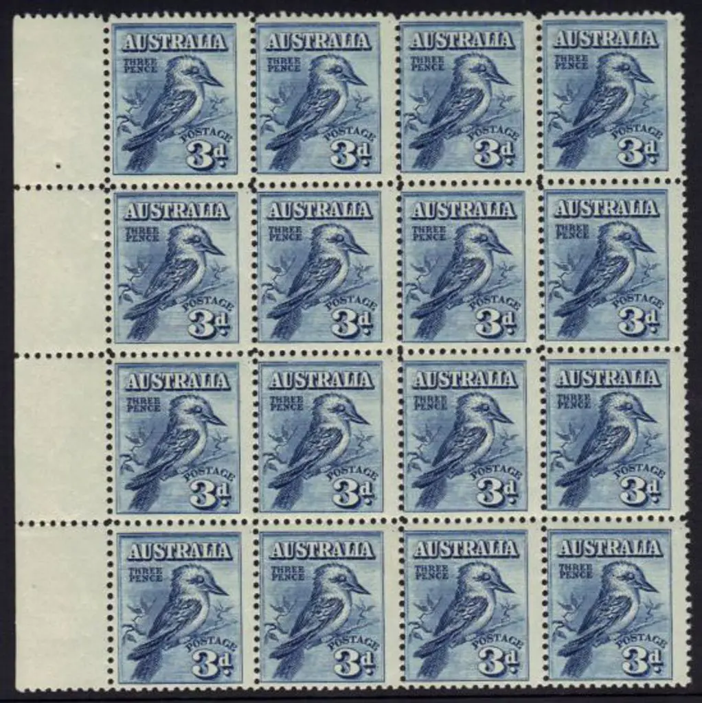 1929 3d kookaburra marginal block of 16 (4x4). ... Image 1++