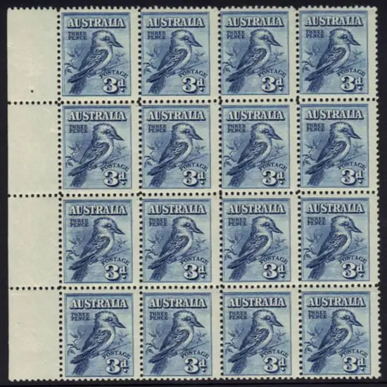 1929 3d kookaburra marginal block of 16 (4x4). ...