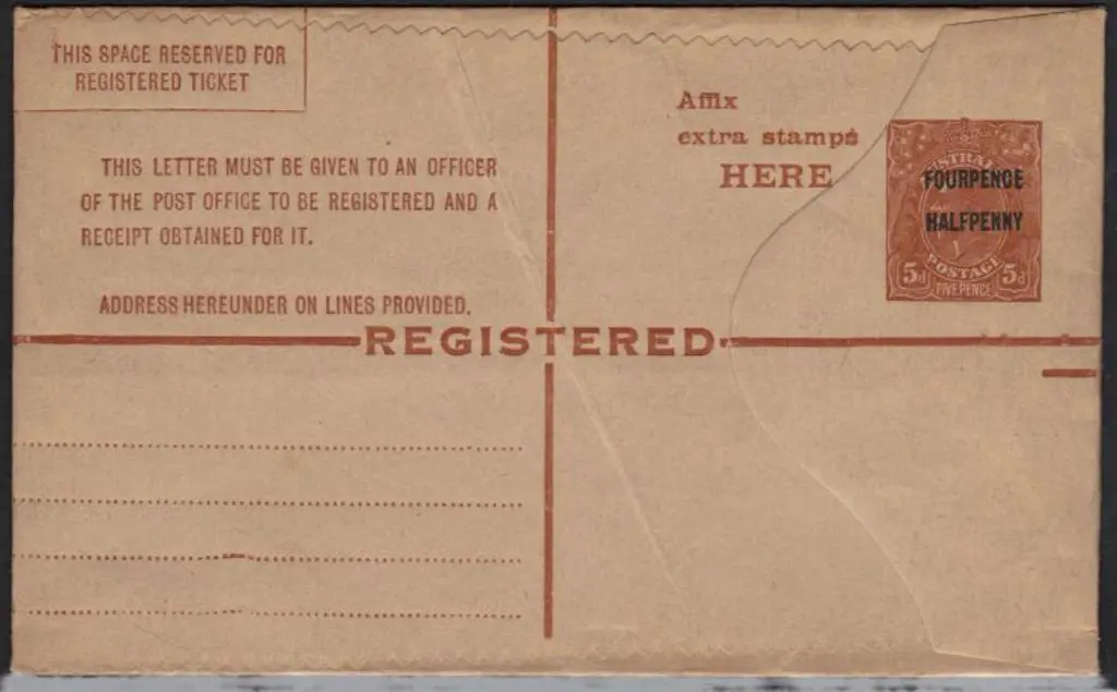 1930 KGV 4½d on 5d Registered Letter, unused. Image 1++
