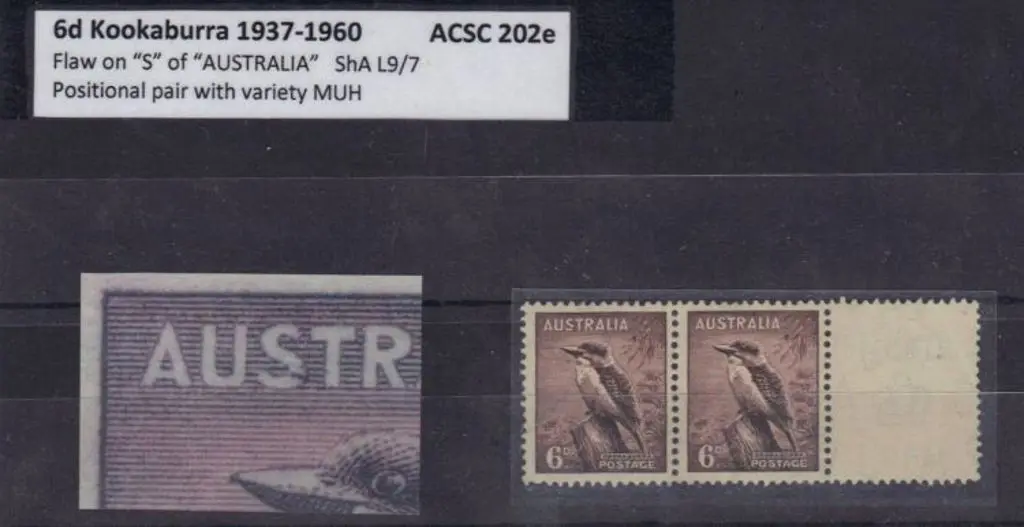 1937/60 6d Kookaburra. Flaw on "S" of "AUSTRALIA" ... Image 1++