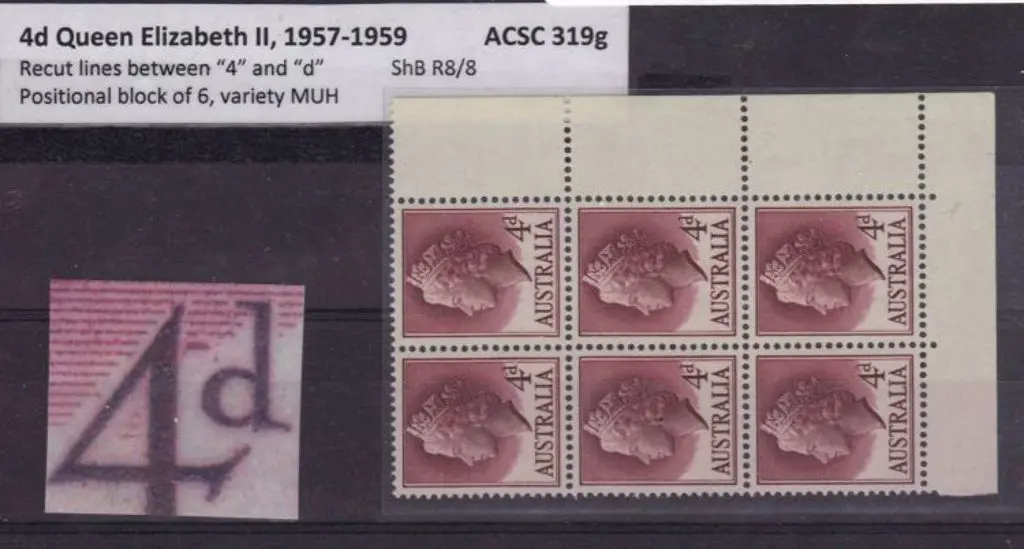 1957/59 4d QEII. Recut lines between "4" & "d". ... Image 1++