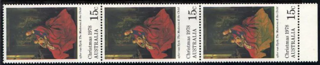 1978 15c Christmas vert strip of 3 showing magenta ... Image 1++