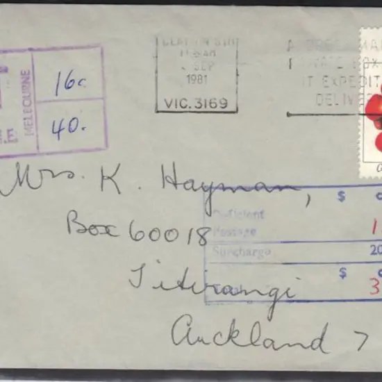 1981 taxed cover to NZ bearing 24c fungi & on ...