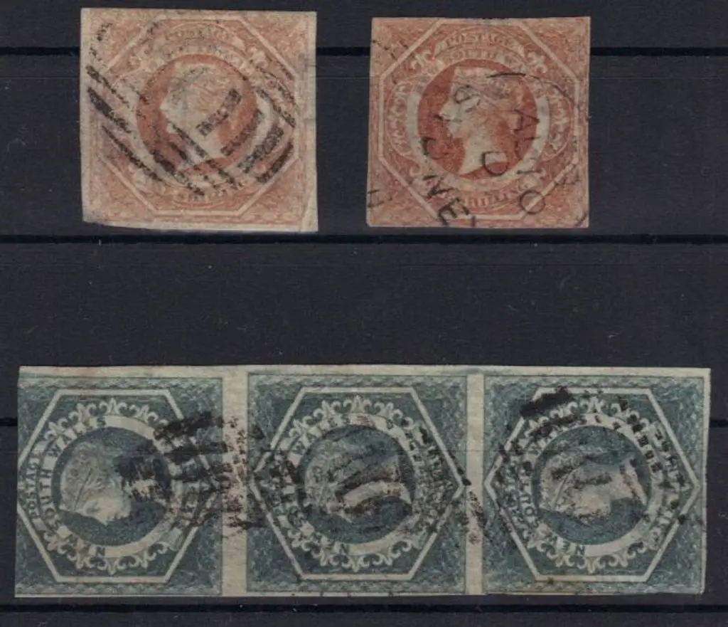1854/55 6d greenish grey vertical strip of 3 used ... Image 1++