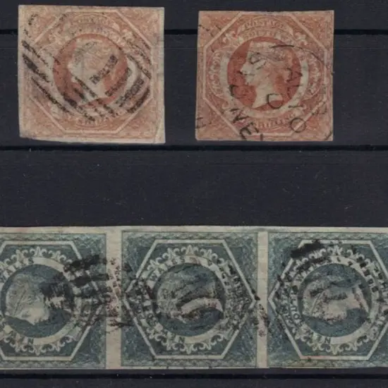 1854/55 6d greenish grey vertical strip of 3 used ...