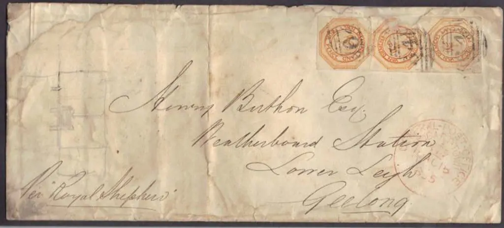 1855 long envelope Hobart Town to Geelong bearing ... Image 1++