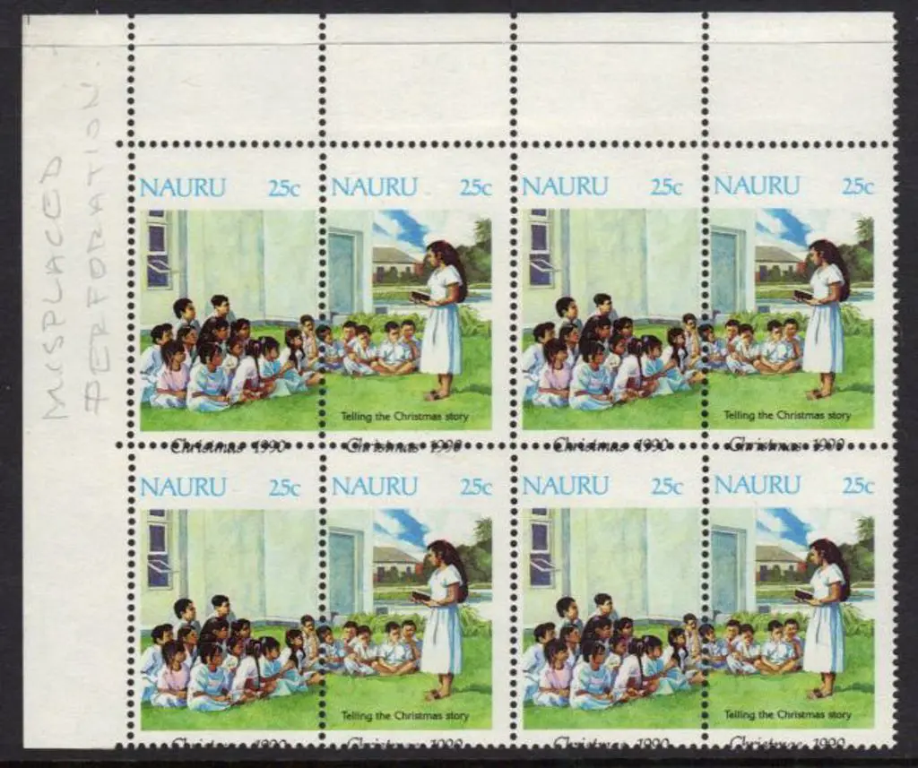 1990 25c Christmas corner marginal block of 8 with ... Image 1++