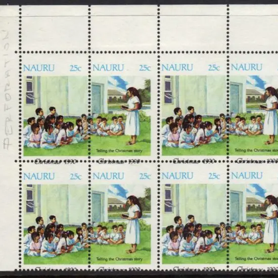 1990 25c Christmas corner marginal block of 8 with ...