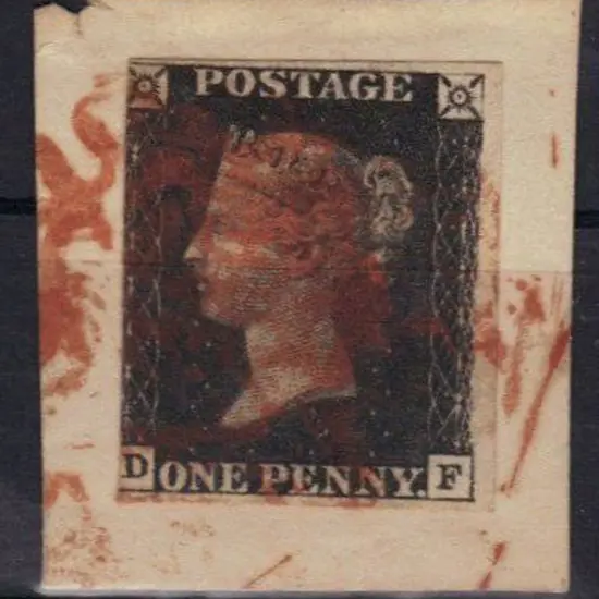 1840 1d black Plate 8 tied to piece by red smudged ...