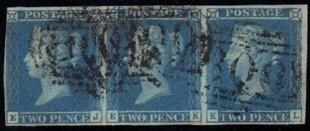 1841 2d blue horiz strip of 3 lettered EJ-EL. ... Image 1++