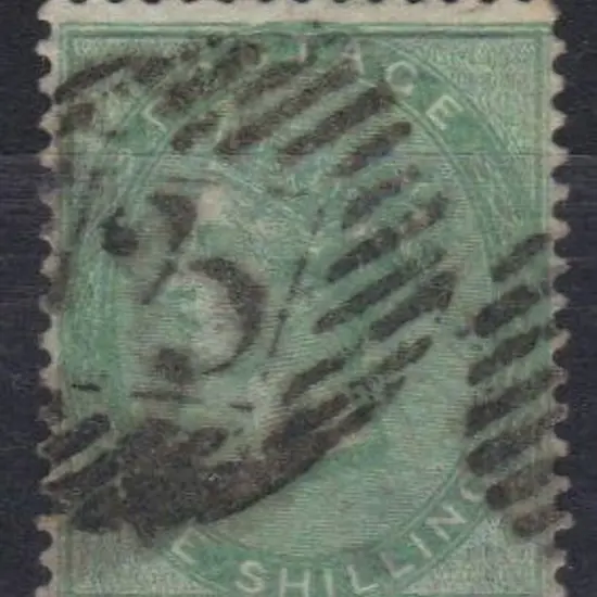 1855 1/- green good used with bold "3" cancel. ...