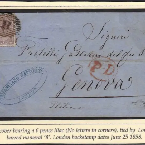 1858 Entire with 1856 6d pale lilac to Genoa. ...