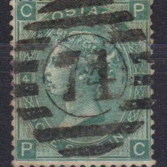 1865 1/- green with central "74" barred numeral ...